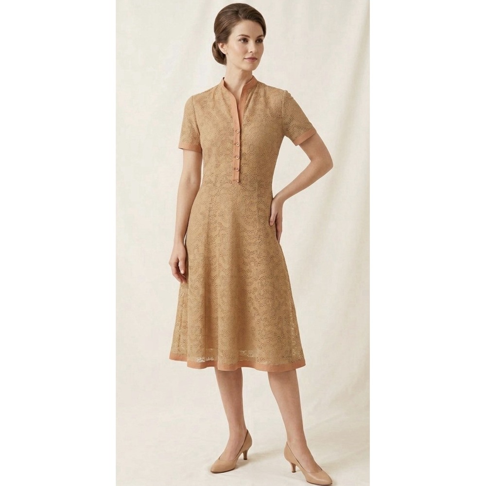 Simpson's Vintage 1960s Shirtwaist Day Dress Sz S Beige Tan Lace Sheer Short Slv